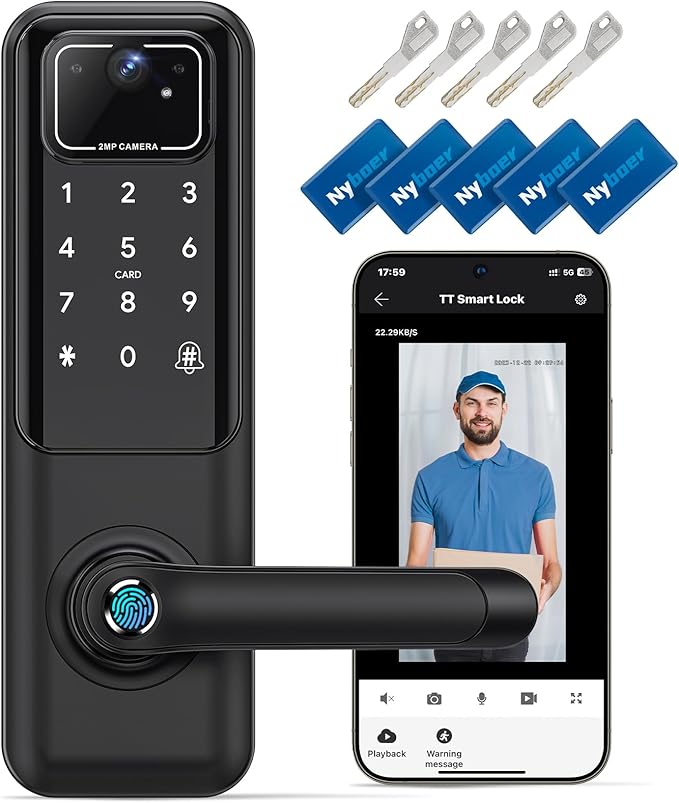WiFi Video Smart Door Lock with Camera & Doorbell, Keyless Entry Fingerprint Lock with Handle for Front Door, Nyboer Keypad Electronic Digital with Rechargeable Lithium Battery, Easy Installation