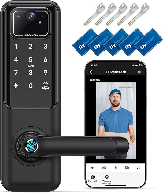 WiFi Video Smart Door Lock with Camera & Doorbell, Keyless Entry Fingerprint Lock with Handle for Front Door, Nyboer Keypad Electronic Digital with Rechargeable Lithium Battery, Easy Installation