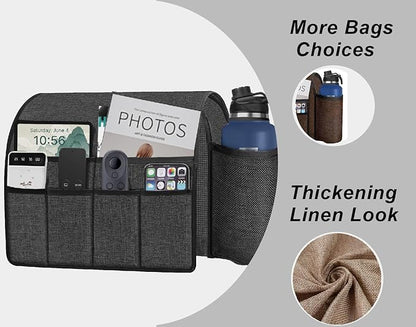 Ntomtuex Sofa Armchair Caddy Remote Control Holder with Water Bottle for Couch Recliner, Armrest Organizer with 7-Pocket Design for Magazines, Eyeglasses, iPad, Phone, Grey