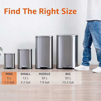Amazon Basics Smudge Resistant Mini Rectangular Trash Can With Soft-Close Foot Pedal, Brushed Stainless Steel, for Bathroom & small space, 5L/1.32 Gal, 7.3x8.5x11.8 in, Satin Nickel Finish