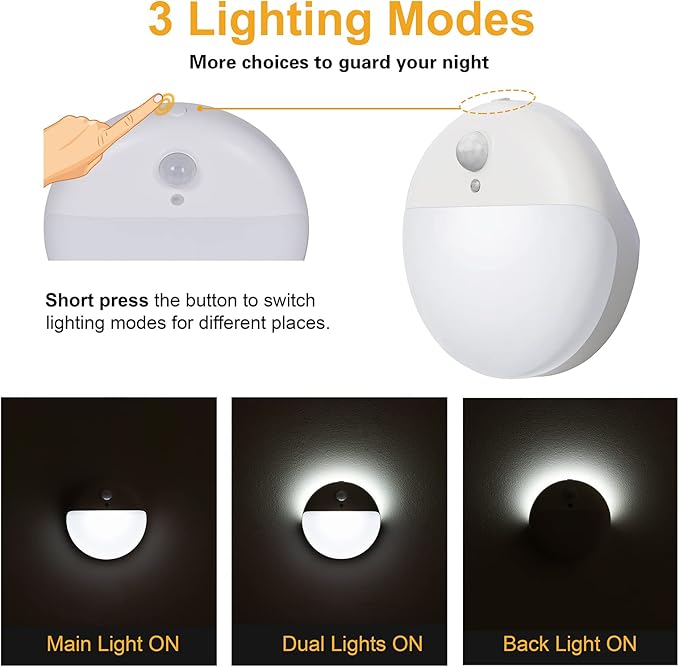 2 Pack Battery Night Light, Toilet Lights, 2.6" Small Motion Senor Light, Stick on Lights, 3 Light Modes, Dimmable LED Nightlight for Closet, Stairs, Garage, Cabinet, Toliet, Daylight White
