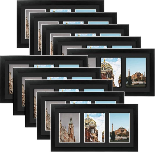 Golden State Art, Set of 10, 9x18 Black Wood Frame - Black Mat for Three 5x7 Pictures - Sawtooth Hangers- Swivel Tabs - Wall Mounting - Landscape/Portrait - Real Glass - Collage Frame