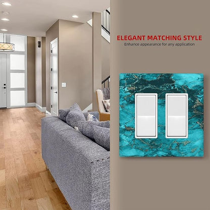Decorative Outlet Covers Modern Abstract Turquoise Blue Marble 2 Gang Wall Plate Double Rocker Light Switch Cover Double Switch Plate Cover for Bathroom Home Decor（2 Pack）