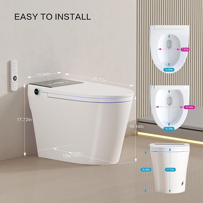 Smart Toilet with Bidet Built-In and Tank – Foam Shield, Heated Seat, Dual Flush, Warm Water & Dryer, Mutiple Clean Modes, Foot Sensor, Night Light, and Wireless Remote Control