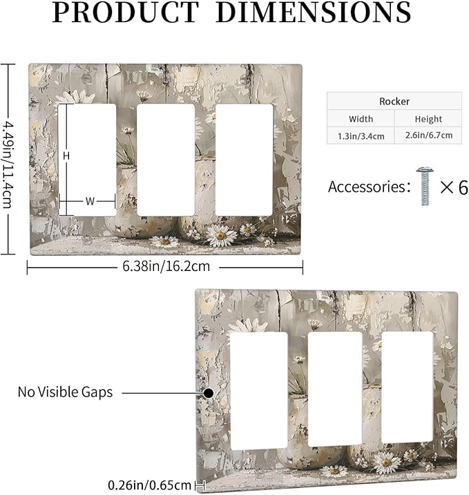 Light Switch Covers Vintage Rustic Floral White Daisy Flower Oil Painting Style 3 Gang Rocker Electrical GFCI Decorative Triple Outlet Wall Plate Cover Switchplate for Home Farmhouse Decor