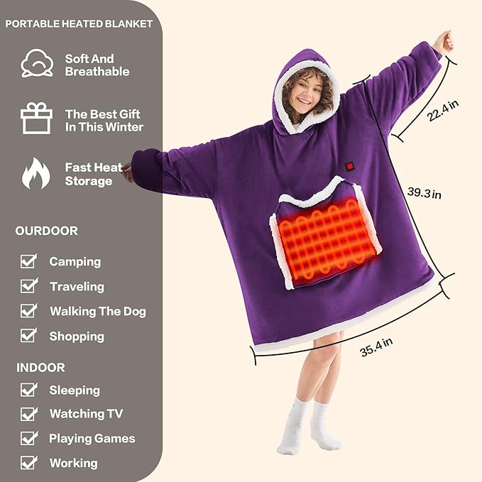 JOYWOO Purple Wearable Heated Blanket Hoodie,Oversized Cordless Portable Heating Hooded Blanket Cat Lovers,Christmas Gifts for Women,Mom,Grandma,Electric Blankets Throw for Adult Outdoor,Dark Purple