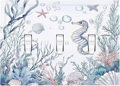 Decorative Switch Plates Ocean Coral Seahorse Seashell Starfish 3 Gang Wall Plate Triple Toggle Light Switch Cover Faceplate Electrical Wall Panels For Bathroom Home Decor