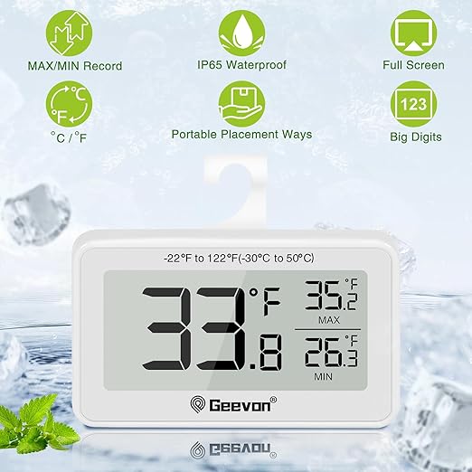 Geevon Refrigerator Thermometer Digital Fridge Thermometer IP65 Waterproof with Large LCD Display,Max/Min Record Function,Magnetic Back,for Fridge,Freezer Scenarios (White-1Pack)
