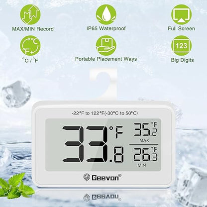 Geevon 4 Pack Refrigerator Thermometer Digital Fridge Thermometer IP65 Waterproof with Large LCD Display,Max/Min Record Function,Magnetic Back,for Fridge,Freezer Scenarios