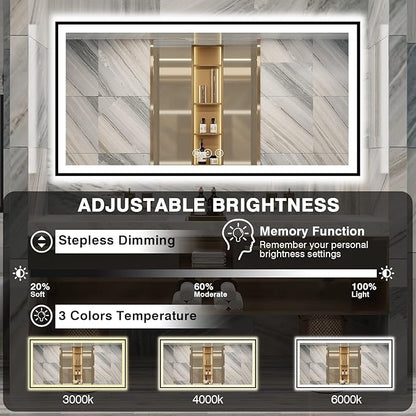 72x36 Bathroom Mirror With Lights - Black Aluminum Framed (Front and Backlit), Anti-Fog LED Lighted Bathroom Mirror,Stepless Dimmable Vanity Mirror,3 Colors Smart Mirror(Horizontal/Vertical)