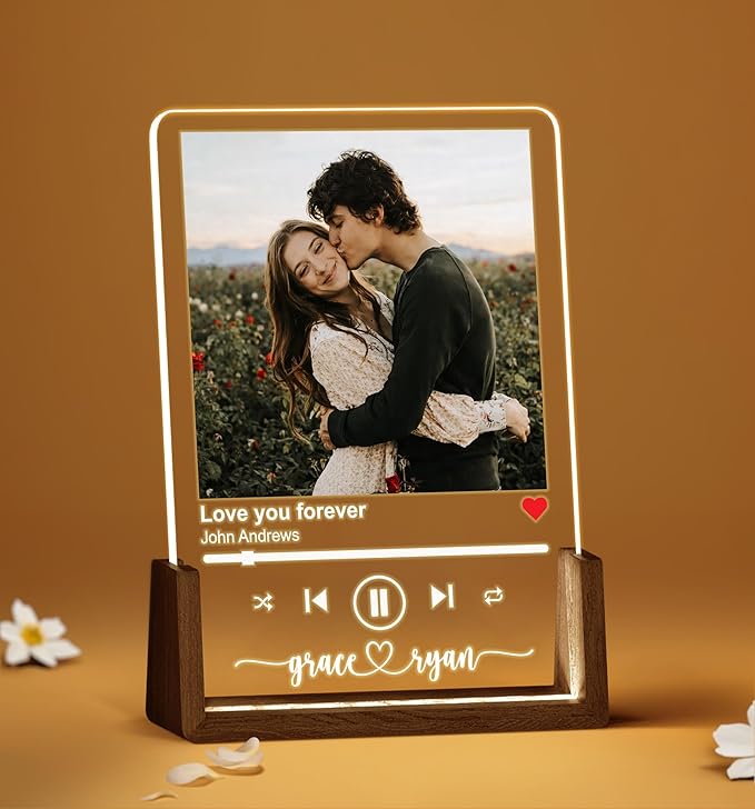 NAZENTI Personalized Couple Photo Frame with Light, Custom Picture Plaque with Stand, Couple Music Song Night Light, Gift for Him, Valentine Day Gifts for Girlfriend Boyfriend