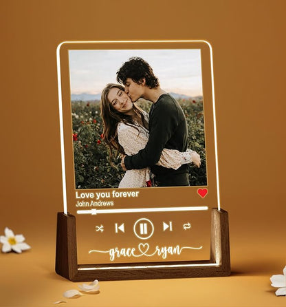 NAZENTI Personalized Couple Photo Frame with Light, Custom Picture Plaque with Stand, Couple Music Song Night Light, Gift for Him, Valentine Day Gifts for Girlfriend Boyfriend