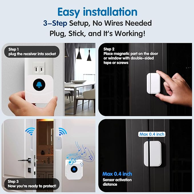 Wireless Door Chime & Window Sensor Alarm - 800Ft Long Range Door Sensor for Business and Home Security Door Chime with 55 Ringtones, 5 Volume Levels, Easy Install (1 Receiver & 2 Sensors)