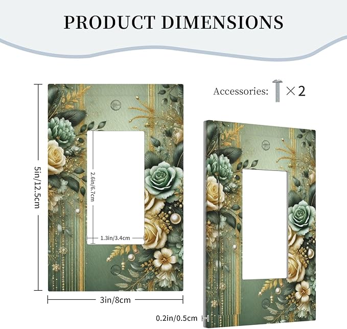 Decorative Outlet Covers Rustic Green Floral Leaves Teal Flowers Gold Stripe 1 Gang Single Decora GFCI Device Light Switch Covers Plate 1 Rocker Wall Plate Jumbo Faceplate