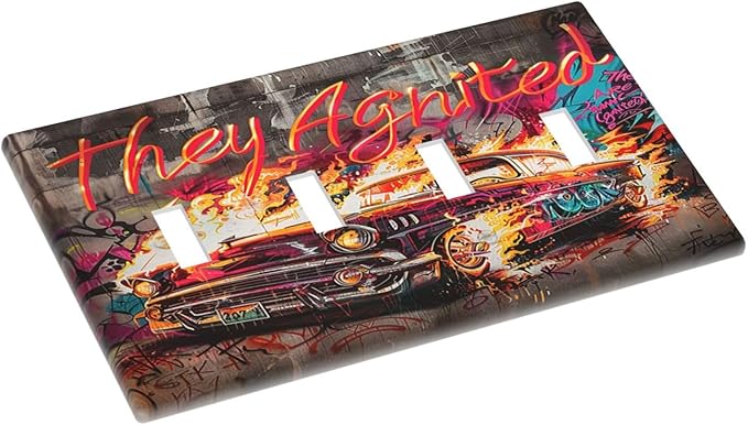 Light Switch Covers Hip Hop Street Graffiti Flame Car Quad Toggle Electrical Faceplate 4 Gang Wall Plate Decorative Switch Plates for Bedroom living Room Decor