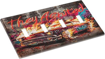 Light Switch Covers Hip Hop Street Graffiti Flame Car Quad Toggle Electrical Faceplate 4 Gang Wall Plate Decorative Switch Plates for Bedroom living Room Decor