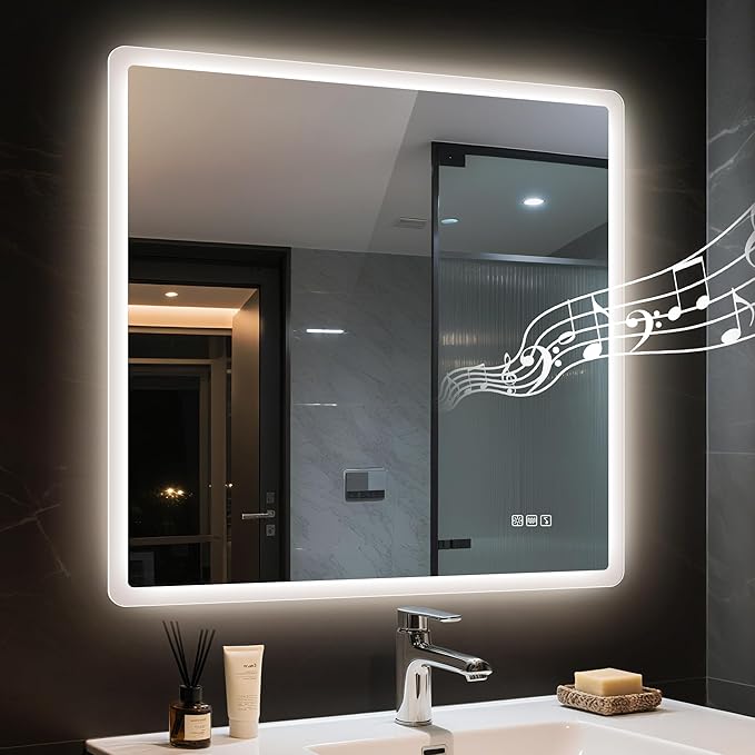 STARLEAD 36"x36" LED-Bathroom-Mirror-with-Lights, Wall-Mounted with Bluetooth Speaker, Anti-Fog, 3 Color Temperature, Dimmable Brightness, Waterproof, Tempered Glass, Frontlit & Backlit