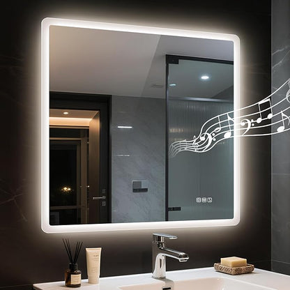 STARLEAD 36"x36" LED-Bathroom-Mirror-with-Lights, Wall-Mounted with Bluetooth Speaker, Anti-Fog, 3 Color Temperature, Dimmable Brightness, Waterproof, Tempered Glass, Frontlit & Backlit