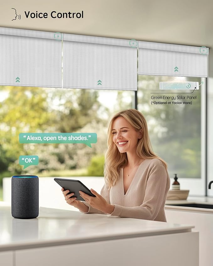 Yoolax Motorized Blinds with Remote, Smart Blinds for Windows Blackout Automatic Shades Compatible with Alexa Remote Control Roller Window Shades with Valance, Custom Size (V-Jungle White)
