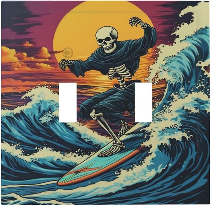 Skeleton Riding Surfboard on Wave In The Ocean Light Switch Covers Double Toggle 2 Gang Wall Plate Dual Decorative Switchplate Electrical Faceplate for Farmhouse Living Room Decor