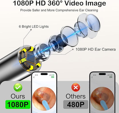 Ear Wax Removal Tool Camera，Wireless Ear Cleaner with Camera 1080P, Earwax Removal Kit with 6 LED Light 5 Replacement Ear Spoon, Ear Camera for iOS & Android (White)