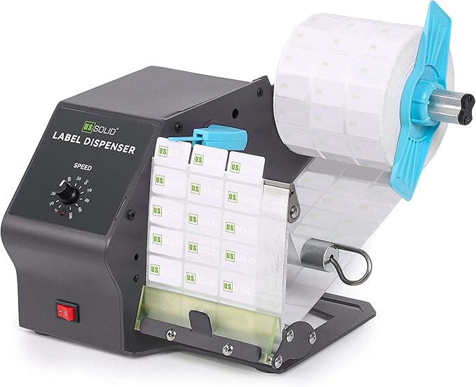 U.S. Solid Automatic Label Dispenser for Long Rolls and Fanfold Labels - Translucent and Opaque - Adjustable Speed - Core Sizes 1", 1.5", 3" - Width 0.2-4.7 in - Max. Roll 11 in