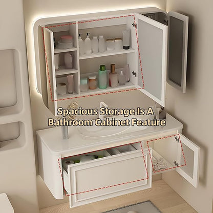 72IN Wall Mounted Bathroom Vanity Set - Wood Bathroom Vanities has Tissue Hole Design | Includes Smart Defogging Mirror Cabinet & Time Display, Rounded Corners, Glass Cabinet Doors (Style A)