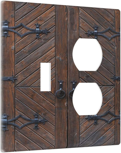 Decorative Outlet Covers Vintage Brown Wood Barn Door 2 Gang Wall Plate Single Toggle Duplex Light Switch Cover Switch Plate Covers for Farmhouse Bedroom Home Decor