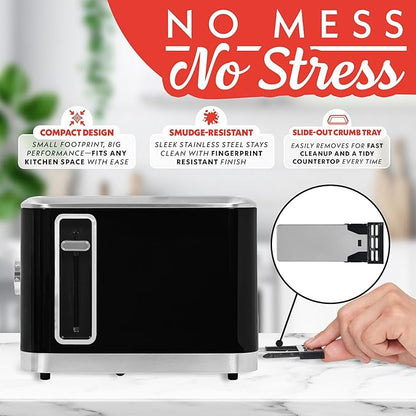 Gourmia 4 Slice Toaster, Double-Sided – Dual Independent Controls, Bagel, Defrost & Reheat Mode, 6 Browning Levels, Extra Wide Slots, Removable Crumb Tray, Compact Design, Black