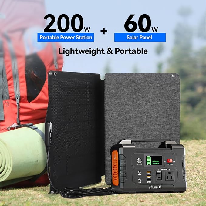 Portable Power Station With Solar Panel Included, Flashfish 200W Solar Generator+60W Solar Panel(DC Output),Backup Power Emergency Power Supply For Home Blackout/RV/Camping