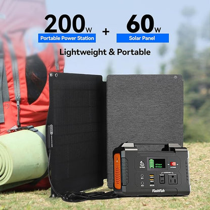 Portable Power Station With Solar Panel Included, Flashfish 200W Solar Generator+60W Solar Panel(DC Output),Backup Power Emergency Power Supply For Home Blackout/RV/Camping