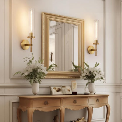 19.5" Knurled Brass Wall Sconce with Clear Glass Tube, Gold Bathroom Vanity Light Fixtures, Modern Lamp Lighting for Bedroom, Living Room, Hallway, Staircase, Mirror, Kitchen