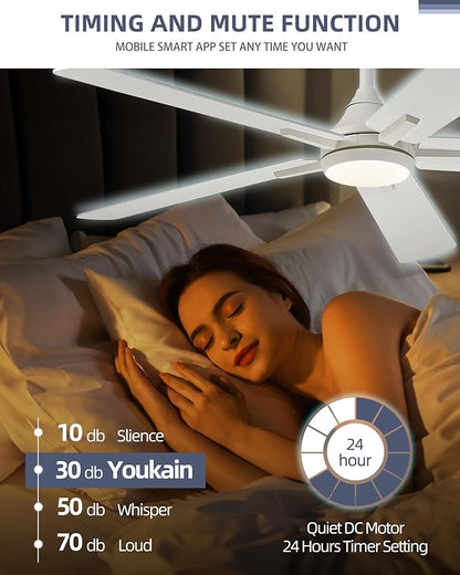 YOUKAIN Ceiling Fans with Lights, 52 Inch White Ceiling Fans, Bedroom Ceiling Fan with Remote & APP Control, Reversible Blades, LED Ceiling Fan for Cover Outdoor Living Room, 52-YJ812-WH