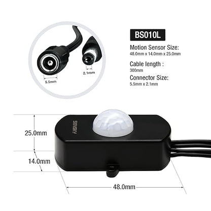 SENSKY BS010L DC 12V to 30V 3A Mini Pir Motion Sensor Switch,Occupancy Sensor Switch for Gun Safe, Kitchen Cabinet, Pantry, Closet led lighting (Black-With Light Sensor)