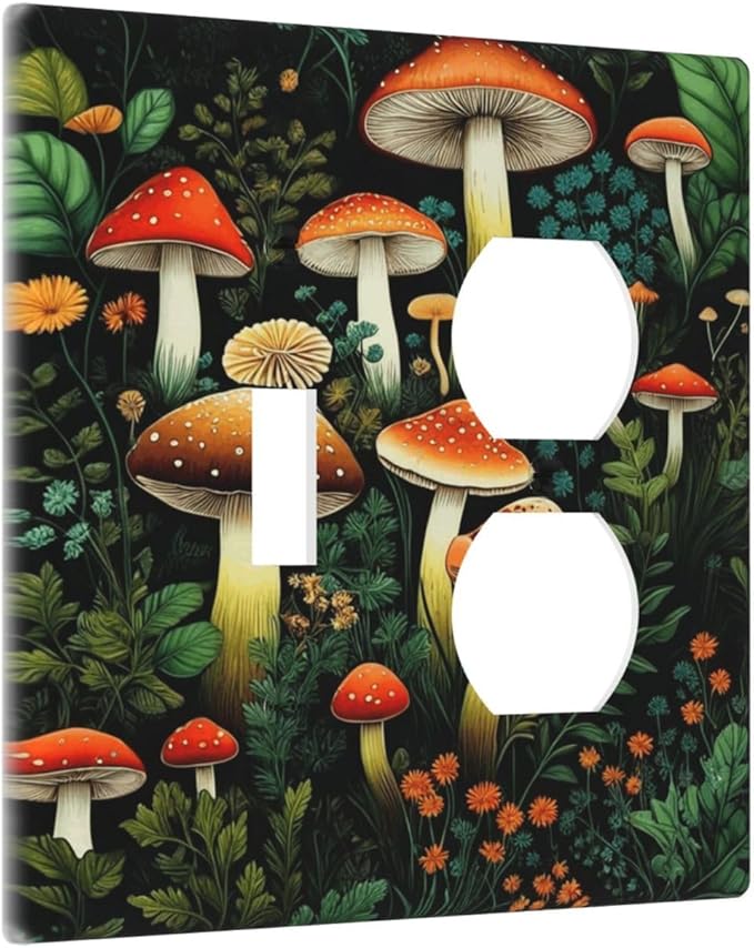 Decorative Outlet Covers Red Mushroom Flowers Green Leaf Plants 2 Gang Wall Plate Single Toggle Duplex Light Switch Cover Switch Plate Covers Faceplate for Bedroom Home Decor