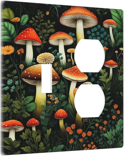 Decorative Outlet Covers Red Mushroom Flowers Green Leaf Plants 2 Gang Wall Plate Single Toggle Duplex Light Switch Cover Switch Plate Covers Faceplate for Bedroom Home Decor