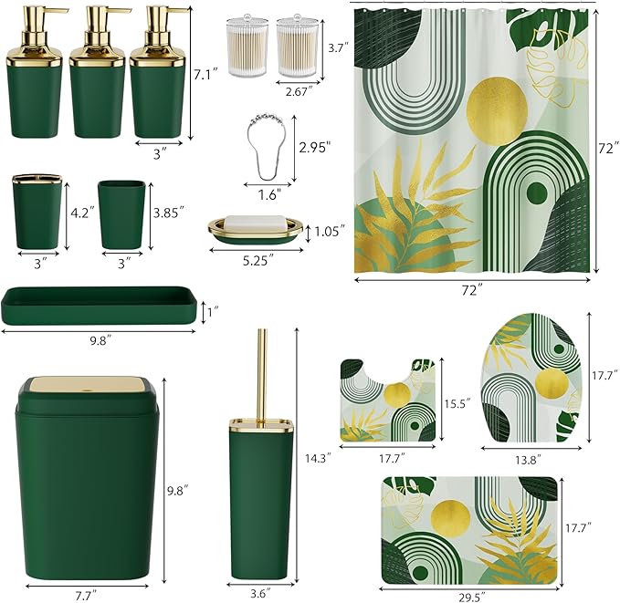 Bathroom Set - Bathroom Sets with Shower Curtain and Rugs, Bathroom Accessory Set, Dark Green Bathroom Accessories Set with Trash Can, Toilet Brush and Soap Dispensers