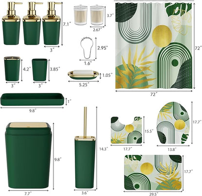 Bathroom Set - Bathroom Sets with Shower Curtain and Rugs, Bathroom Accessory Set, Dark Green Bathroom Accessories Set with Trash Can, Toilet Brush and Soap Dispensers