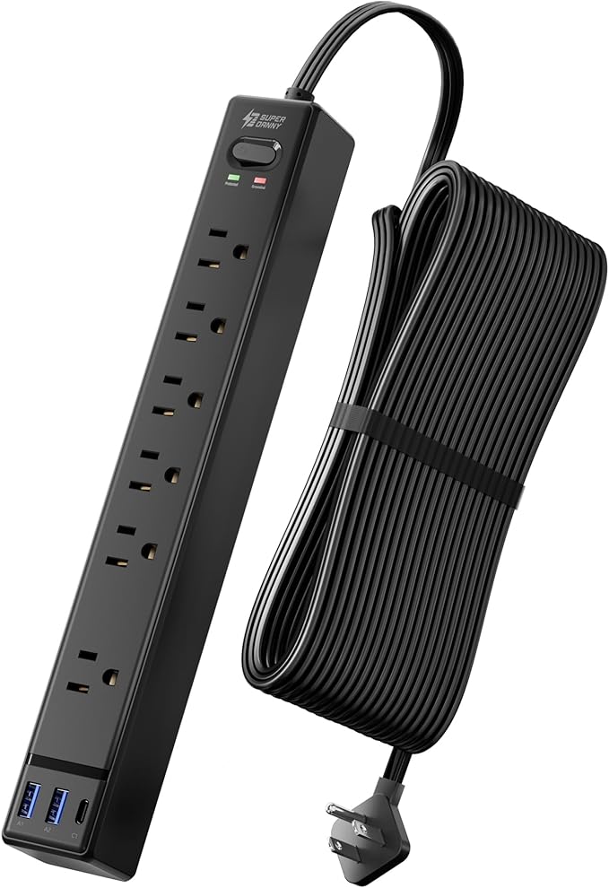 20Ft Long Extension Cord, SUPERDANNY Flat Plug Surge Protector Power Strip 20 Feet, 6 Outlets & 3 USB Ports, Wall Mountable Power Bar for Home Office, Dorm Room