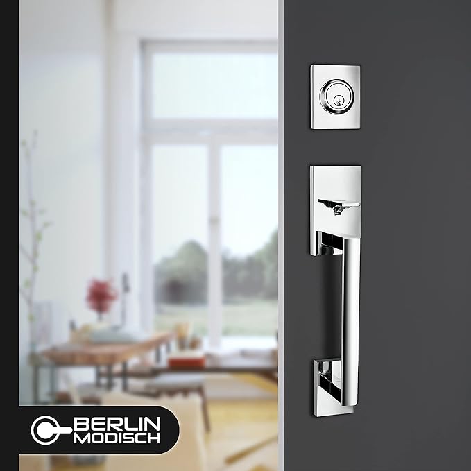 Berlin Modisch HandleSet Front Door Entry Handle and Deadbolt Lock Set Slim Square Single Cylinder Deadbolt and Lever Reversible for Right & Left Sided Doors Heavy Duty – Polished Chrome Finish
