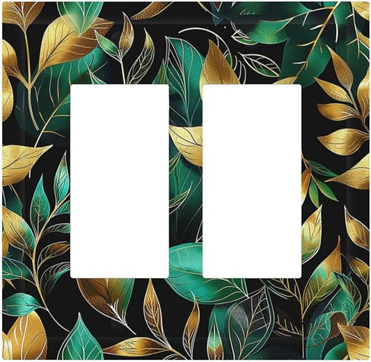 Decorative Outlet Covers Vintage Dark Green Vine Leaf Golden Plants 2 Gang Double GFCI Rocker Electrical Wall Panels Light Switch Cover Plate for Bed Room Cabin Decor