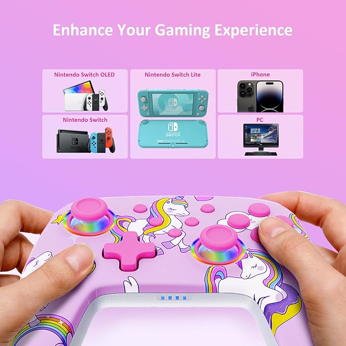 NexiGo Wireless Controller (No Deadzone) for Switch 2 and Switch, Bluetooth Controllers for Nintendo Switch with Vibration, Motion, Turbo and LED Light (Pink Unicorn)