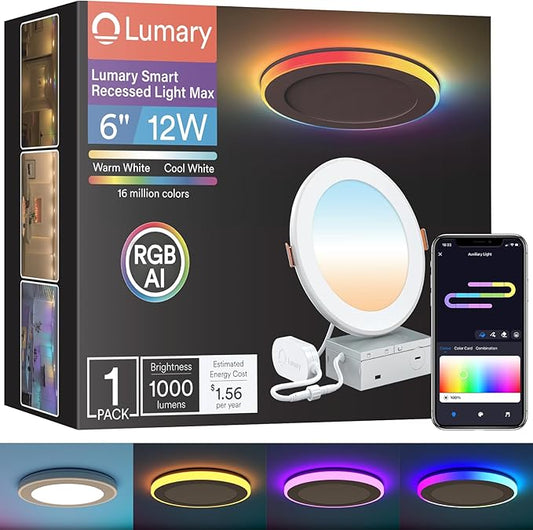 Lumary RGBAI Smart Recessed Lighting 6 Inch with Gradient Accent and Night Ring, 12W 1000LM Wi-Fi LED Recessed Lights, LED Downlight Compatible with Alexa/Google Assistant/Siri, 1PCS