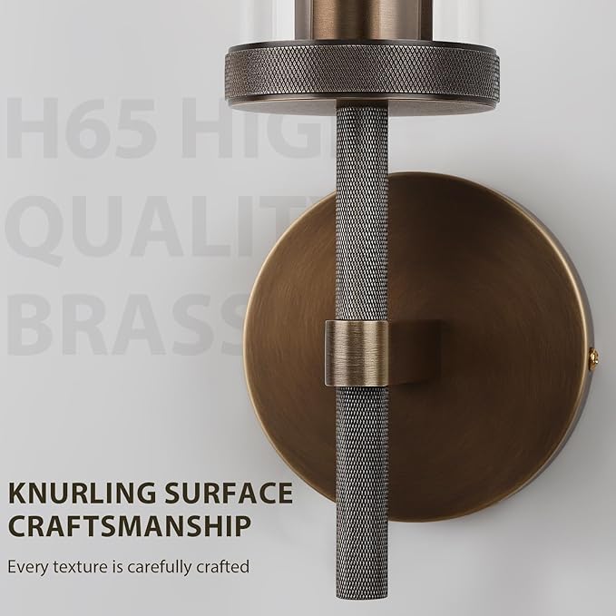 19.5" Knurled Brass Wall Sconces Set of 2, Bronze Bathroom Vanity Light Fixtures with Clear Glass Tube, Modern Lamp Lighting for Bedroom, Living Room, Hallway, Staircase, Mirror, Kitchen