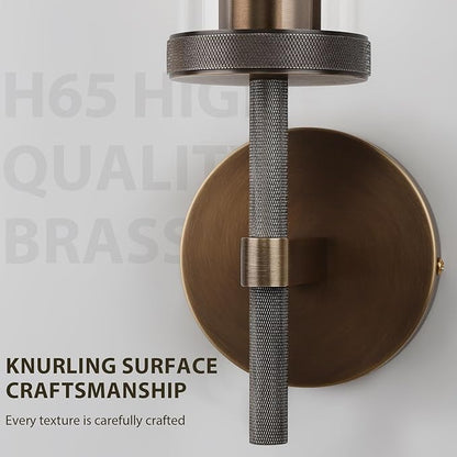 19.5" Knurled Brass Wall Sconces Set of 2, Bronze Bathroom Vanity Light Fixtures with Clear Glass Tube, Modern Lamp Lighting for Bedroom, Living Room, Hallway, Staircase, Mirror, Kitchen