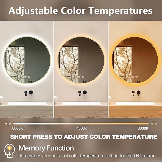 Niccy Round Led Mirror for Bathroom, 24" Backlit Mirrors for Wall Circle Lighted Mirror with Old Gold Frame Anti-Fog, 3 Colors, HD Glass and IP65 Waterproof