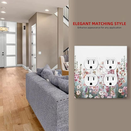 Colorful Flowers Pink Floral Watercolor Plant Outlet Covers 2 Gang Double Duplex Decorative Light Switch Covers Electrical Wallplates Socket Faceplate for Bed Room Living Room Decor