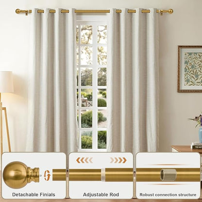 Modern Gold Curtain Rods for Windows 66 to 120 Inch Long Heavy Duty Brass Window Curtain Rod 1" Diameter Adjustable with Metal Finials for Living Room Bedroom Farmhouse Kitchen Outdoor