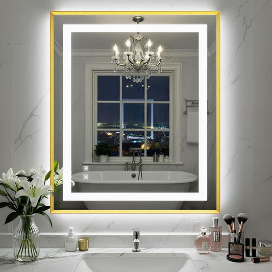 30X36 Inch LED Bathroom Mirror with Lights, Gold Frame Frontlit+ Backlit Bathroom Vanity Mirror for Wall, Ultra-Clear Tempered Glass, Shatter-Proof, Anti-Fog and Memory Function, ETL Listed