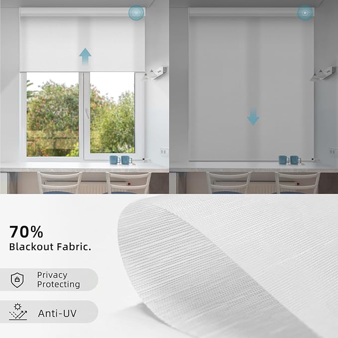 SmartWings Motorized Smart Roller Shades in Light Filtering, Electric Blinds with Remote for Windows Compatible with Alexa/Google Home/Homekit, Customized, 70% Blackout Essential White